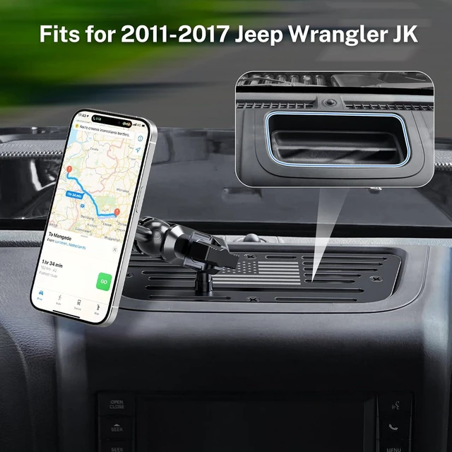 Alt view image 4 of 7 - Stainless Steel Phone Mount for 2011-2017 Wrangler JK JKU Magnetic & Clamp Dual Heads All-Metal Shakeproof Original America Flag Design OEM Screws Dash Mount Install