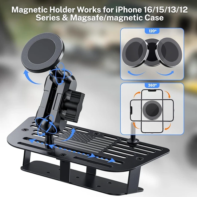 Alt view image 7 of 7 - Stainless Steel Phone Mount for 2011-2017 Wrangler JK JKU Magnetic & Clamp Dual Heads All-Metal Shakeproof Original America Flag Design OEM Screws Dash Mount Install
