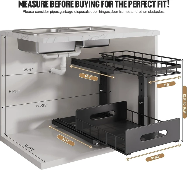 Alt view image 2 of 7 - Under Sink Organizer Upgrade To Professional Rails,2-Tier Dual Pull Out Cabinet Storage,Height Adjustable Slide Out Drawers For Bathroom Kitchen,2 Pack-14.5" Dx12.8-16.9" H,Black