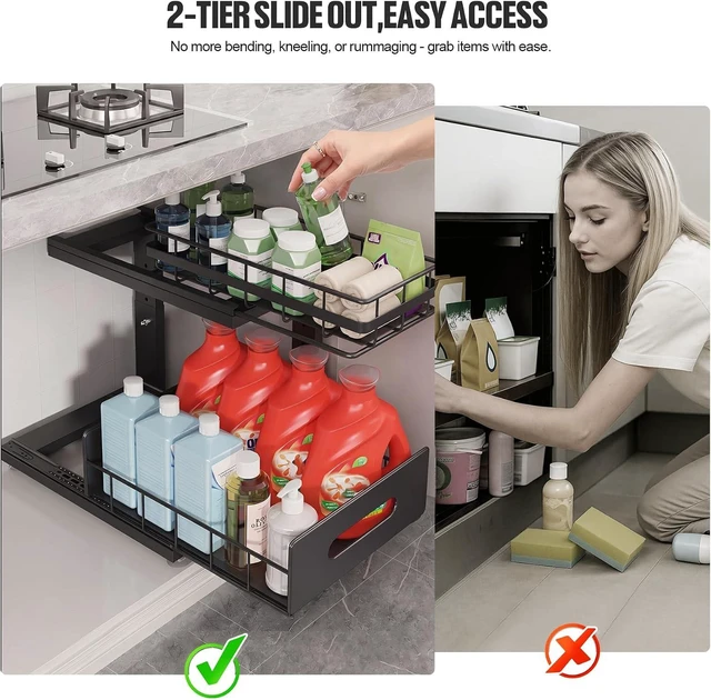 Alt view image 4 of 7 - Under Sink Organizer Upgrade To Professional Rails,2-Tier Dual Pull Out Cabinet Storage,Height Adjustable Slide Out Drawers For Bathroom Kitchen,2 Pack-14.5" Dx12.8-16.9" H,Black