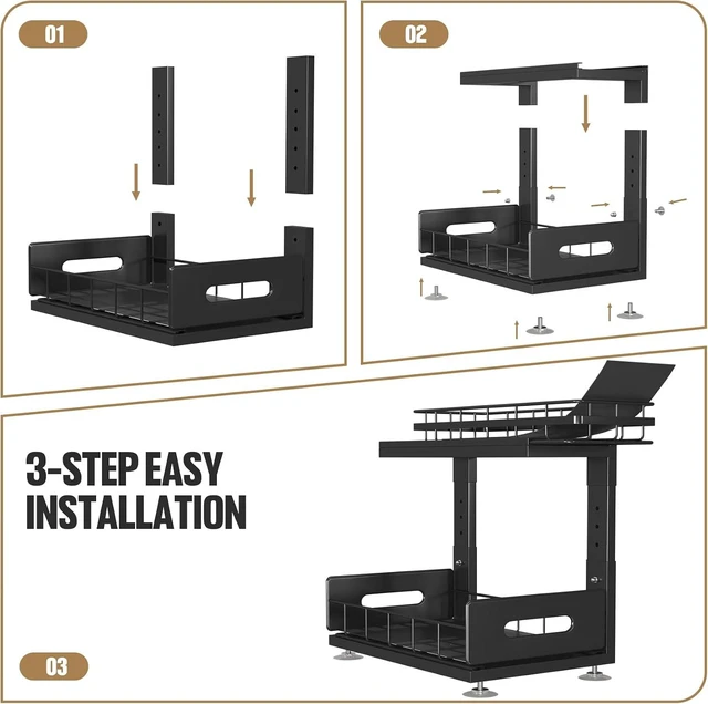 Alt view image 5 of 7 - Under Sink Organizer Upgrade To Professional Rails,2-Tier Dual Pull Out Cabinet Storage,Height Adjustable Slide Out Drawers For Bathroom Kitchen,2 Pack-14.5" Dx12.8-16.9" H,Black