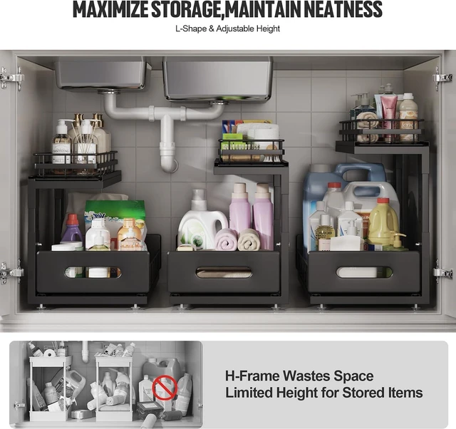 Alt view image 6 of 7 - Under Sink Organizer Upgrade To Professional Rails,2-Tier Dual Pull Out Cabinet Storage,Height Adjustable Slide Out Drawers For Bathroom Kitchen,2 Pack-14.5" Dx12.8-16.9" H,Black