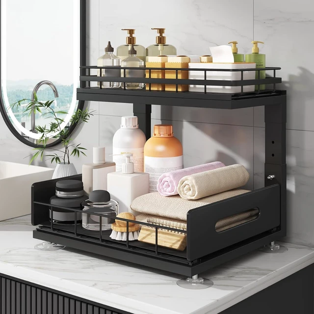 Alt view image 7 of 7 - Under Sink Organizer Upgrade To Professional Rails,2-Tier Dual Pull Out Cabinet Storage,Height Adjustable Slide Out Drawers For Bathroom Kitchen,2 Pack-14.5" Dx12.8-16.9" H,Black