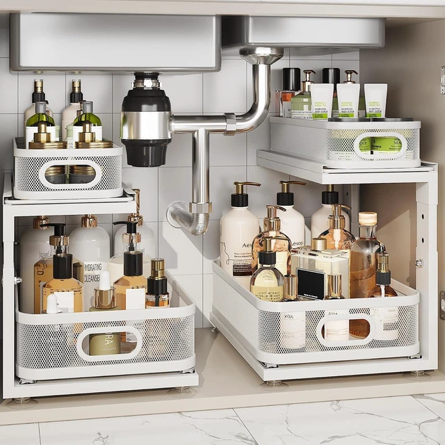 Main image of 2 Pack Under Sink Organizer With Next-Gen Ball-Bearing Slides,2-Tier Precision Mesh Pull Out Cabinet Drawers Storage for Bathroom&Kitchen,Height Adjustable Shelf,Rust-resistant-Patent Pending