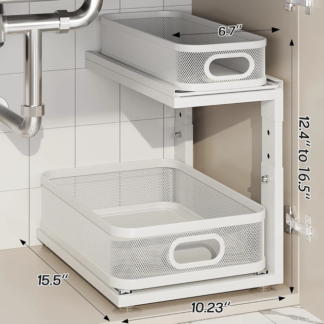 Alt view image 2 of 7 - 2 Pack Under Sink Organizer With Next-Gen Ball-Bearing Slides,2-Tier Precision Mesh Pull Out Cabinet Drawers Storage for Bathroom&Kitchen,Height Adjustable Shelf,Rust-resistant-Patent Pending