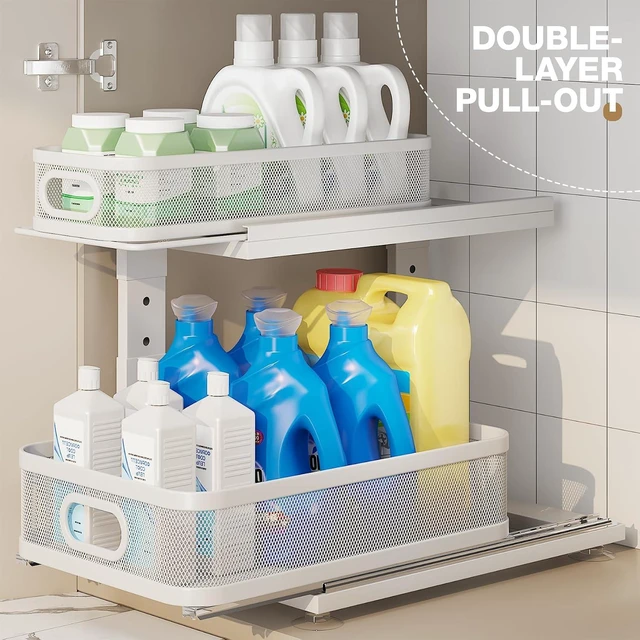 Alt view image 4 of 7 - 2 Pack Under Sink Organizer With Next-Gen Ball-Bearing Slides,2-Tier Precision Mesh Pull Out Cabinet Drawers Storage for Bathroom&Kitchen,Height Adjustable Shelf,Rust-resistant-Patent Pending