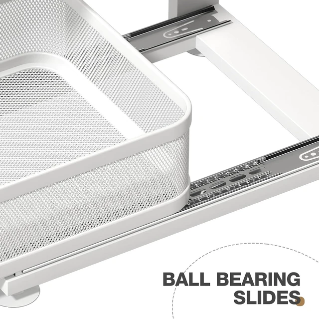 Alt view image 3 of 7 - 2 Pack Under Sink Organizer With Next-Gen Ball-Bearing Slides,2-Tier Precision Mesh Pull Out Cabinet Drawers Storage for Bathroom&Kitchen,Height Adjustable Shelf,Rust-resistant-Patent Pending