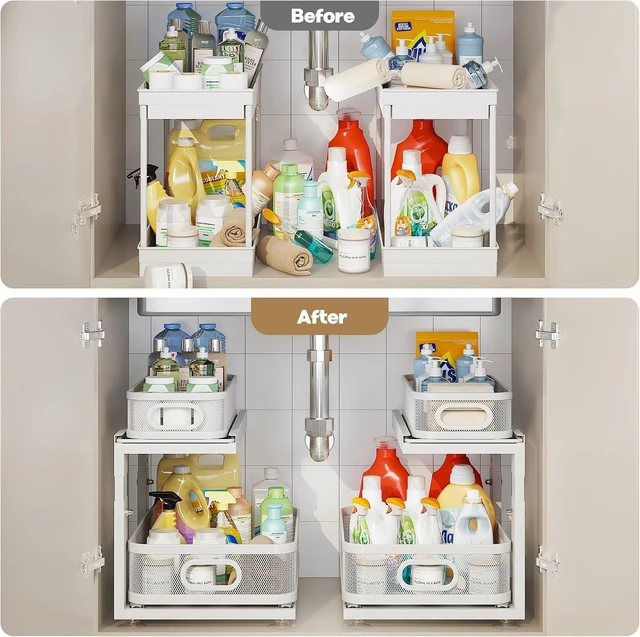 Alt view image 6 of 7 - 2 Pack Under Sink Organizer With Next-Gen Ball-Bearing Slides,2-Tier Precision Mesh Pull Out Cabinet Drawers Storage for Bathroom&Kitchen,Height Adjustable Shelf,Rust-resistant-Patent Pending