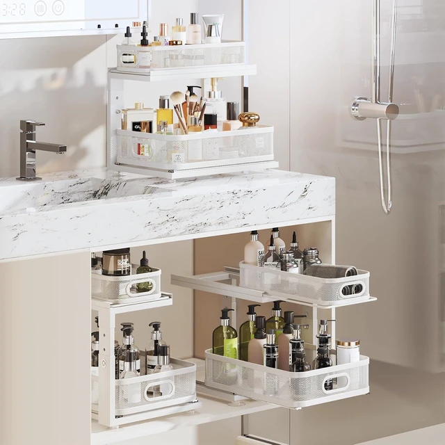 Alt view image 7 of 7 - 2 Pack Under Sink Organizer With Next-Gen Ball-Bearing Slides,2-Tier Precision Mesh Pull Out Cabinet Drawers Storage for Bathroom&Kitchen,Height Adjustable Shelf,Rust-resistant-Patent Pending