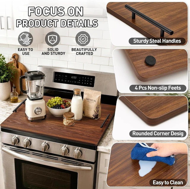 Alt view image 3 of 7 - Noodle Board Stove Cover with Handles, Stove Top Covers for Gas Burners and Electric Stove, Wood Stove Cover Board Decorative Serving Tray Kitchen Sink Cover for Counter Space (Walnut)