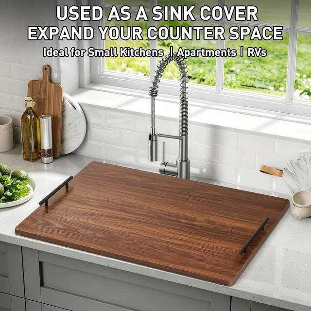 Alt view image 6 of 7 - Noodle Board Stove Cover with Handles, Stove Top Covers for Gas Burners and Electric Stove, Wood Stove Cover Board Decorative Serving Tray Kitchen Sink Cover for Counter Space (Walnut)