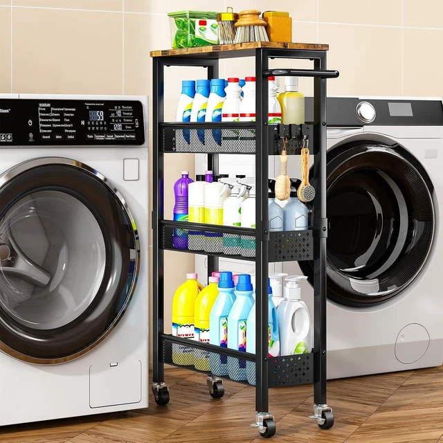 Main image of Slim Storage Cart with Wheels, 4 Tier Metal Rolling Organizer with Wood Top and Handle, Narrow Utility Shelf for Kitchen Bathroom Laundry Room, Black