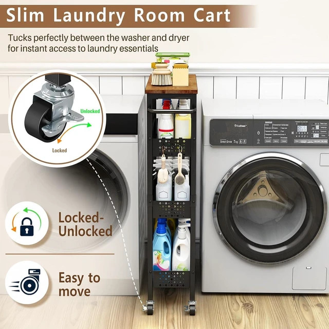 Alt view image 2 of 7 - Slim Storage Cart with Wheels, 4 Tier Metal Rolling Organizer with Wood Top and Handle, Narrow Utility Shelf for Kitchen Bathroom Laundry Room, Black