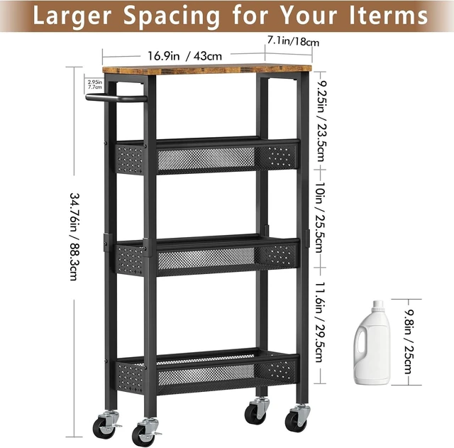 Alt view image 3 of 7 - Slim Storage Cart with Wheels, 4 Tier Metal Rolling Organizer with Wood Top and Handle, Narrow Utility Shelf for Kitchen Bathroom Laundry Room, Black