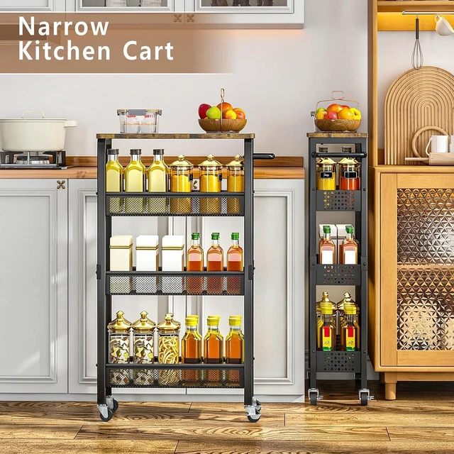 Alt view image 4 of 7 - Slim Storage Cart with Wheels, 4 Tier Metal Rolling Organizer with Wood Top and Handle, Narrow Utility Shelf for Kitchen Bathroom Laundry Room, Black