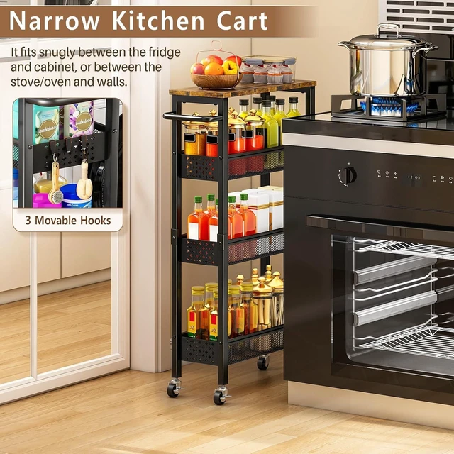 Alt view image 5 of 7 - Slim Storage Cart with Wheels, 4 Tier Metal Rolling Organizer with Wood Top and Handle, Narrow Utility Shelf for Kitchen Bathroom Laundry Room, Black