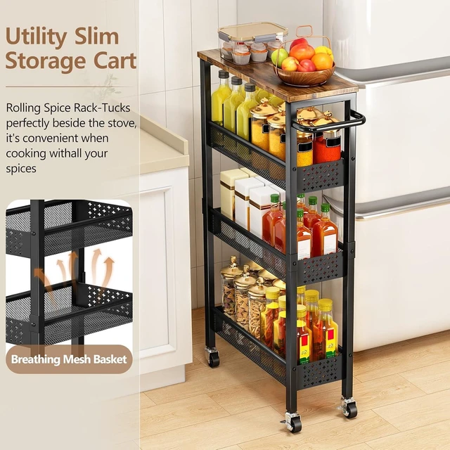 Alt view image 6 of 7 - Slim Storage Cart with Wheels, 4 Tier Metal Rolling Organizer with Wood Top and Handle, Narrow Utility Shelf for Kitchen Bathroom Laundry Room, Black