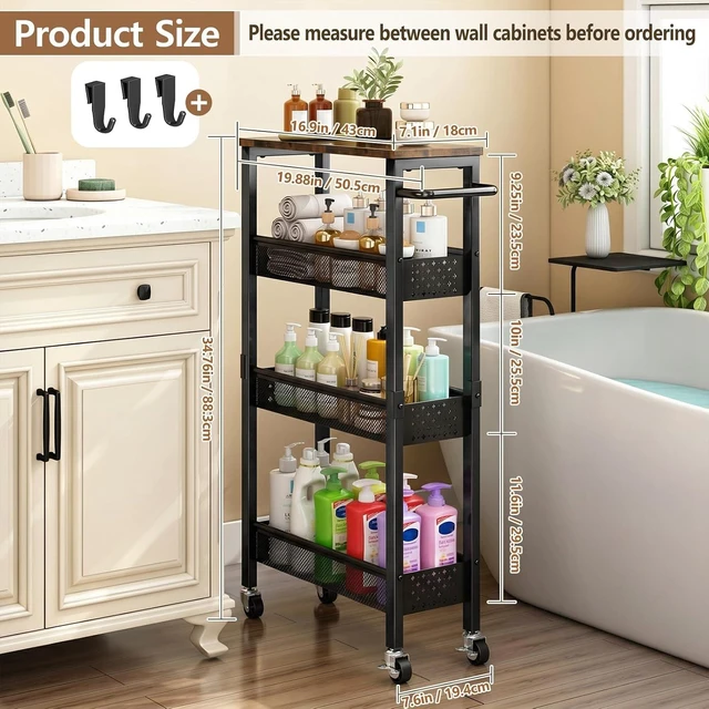 Alt view image 7 of 7 - Slim Storage Cart with Wheels, 4 Tier Metal Rolling Organizer with Wood Top and Handle, Narrow Utility Shelf for Kitchen Bathroom Laundry Room, Black