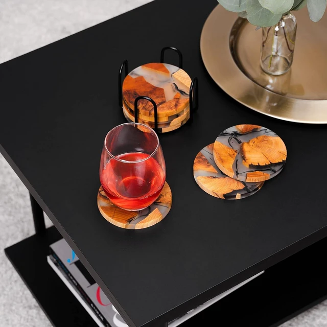 Alt view image 5 of 6 - Drink Coaster Set, Wooden Absorbent Coasters, Epoxy Resin Coaster for Coffee Table, Tabletop Protection Decor, Set of 6 with Holder