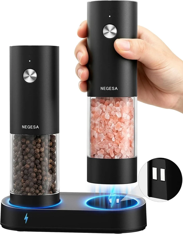 Main image of Electric Salt and Pepper Grinder Set, Rechargeable USB Base, Automatic One-Hand Operation, 6 Adjustable Coarseness, 140ml Capacity, LED Light, Refillable for Kitchen, Housewarming Gift