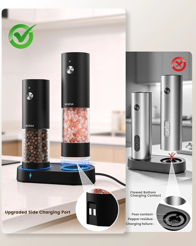 Alt view image 2 of 7 - Electric Salt and Pepper Grinder Set, Rechargeable USB Base, Automatic One-Hand Operation, 6 Adjustable Coarseness, 140ml Capacity, LED Light, Refillable for Kitchen, Housewarming Gift