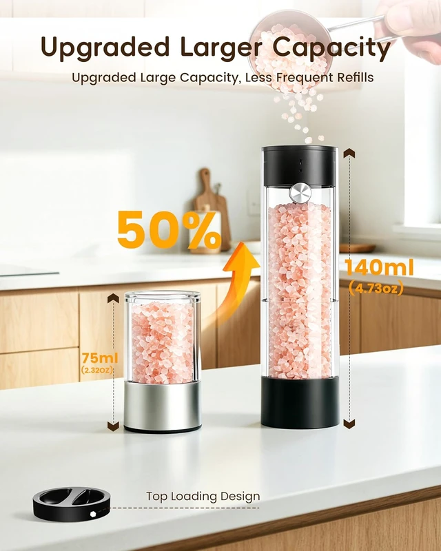 Alt view image 3 of 7 - Electric Salt and Pepper Grinder Set, Rechargeable USB Base, Automatic One-Hand Operation, 6 Adjustable Coarseness, 140ml Capacity, LED Light, Refillable for Kitchen, Housewarming Gift