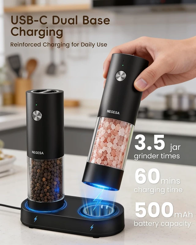 Alt view image 5 of 7 - Electric Salt and Pepper Grinder Set, Rechargeable USB Base, Automatic One-Hand Operation, 6 Adjustable Coarseness, 140ml Capacity, LED Light, Refillable for Kitchen, Housewarming Gift