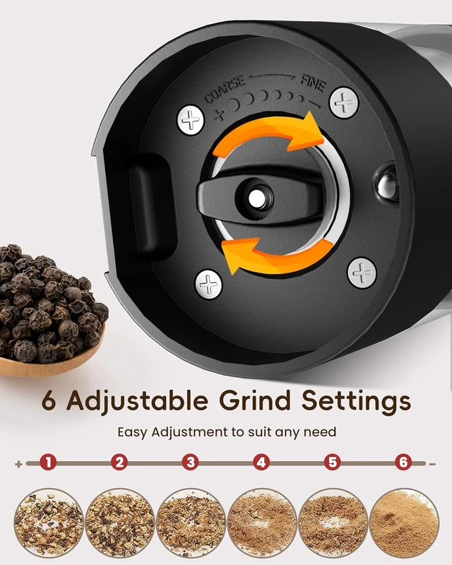 Alt view image 6 of 7 - Electric Salt and Pepper Grinder Set, Rechargeable USB Base, Automatic One-Hand Operation, 6 Adjustable Coarseness, 140ml Capacity, LED Light, Refillable for Kitchen, Housewarming Gift