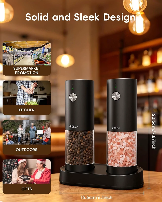 Alt view image 7 of 7 - Electric Salt and Pepper Grinder Set, Rechargeable USB Base, Automatic One-Hand Operation, 6 Adjustable Coarseness, 140ml Capacity, LED Light, Refillable for Kitchen, Housewarming Gift