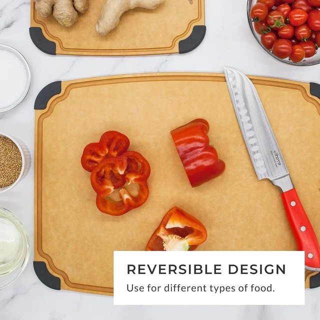 Alt view image 6 of 7 - Essential Series Cutting Board for Kitchen- Natural Wood Fiber Composite, Dishwasher Safe, Eco-Friendly, Juice Grooves, Non-Slip Feet, Non-Porous, Reversible, BPA Free, X-Large -17" x 13"