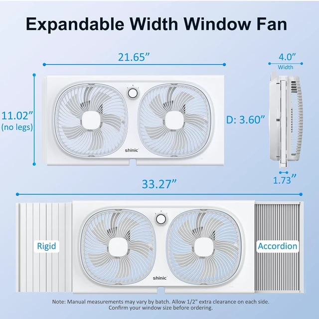 Alt view image 3 of 6 - 3-Speeds Window Fan with 180°+90° Rotatable Fans, Manual Reversible, Vertical Window Fan with Rigid & Accordion Expanders, Width Adjustable (21.65" to 33.27"), Ideal for Home, Kitchen, Bedroom