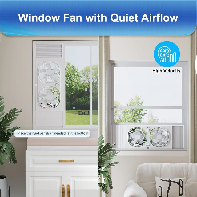 Alt view image 4 of 6 - 3-Speeds Window Fan with 180°+90° Rotatable Fans, Manual Reversible, Vertical Window Fan with Rigid & Accordion Expanders, Width Adjustable (21.65" to 33.27"), Ideal for Home, Kitchen, Bedroom