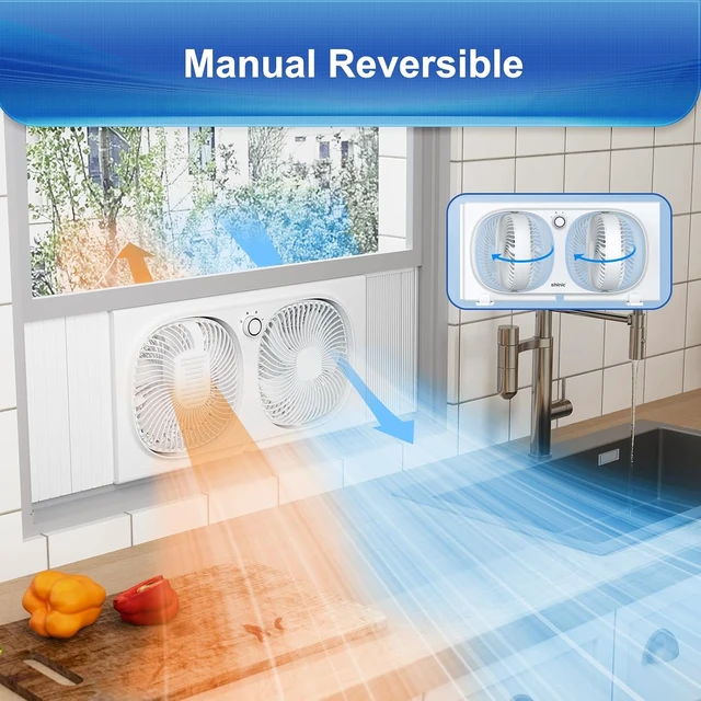 Alt view image 5 of 6 - 3-Speeds Window Fan with 180°+90° Rotatable Fans, Manual Reversible, Vertical Window Fan with Rigid & Accordion Expanders, Width Adjustable (21.65" to 33.27"), Ideal for Home, Kitchen, Bedroom