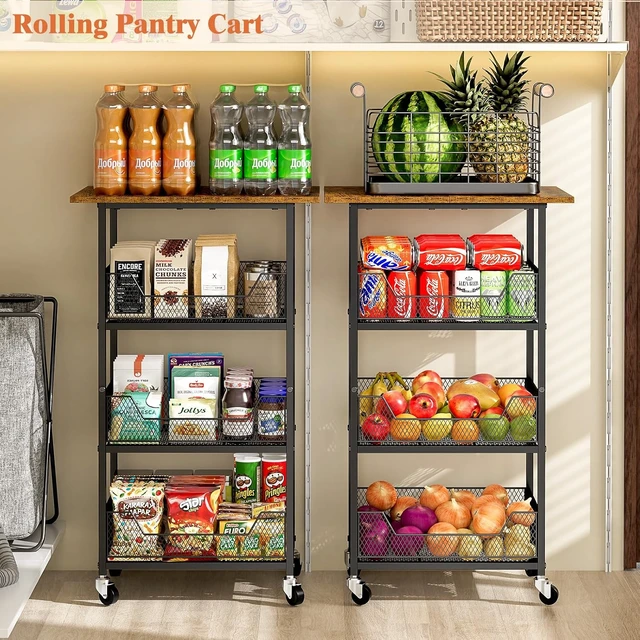 Alt view image 2 of 7 - Rolling Kitchen Microwave Cart with Fruit Baskets, 4 Tier Microwave Table Stand with Storage, Kitchen Storge Shelf on Wheels Small Rolling Cart Organizer Rack for Pantry, Living Room