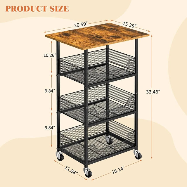 Alt view image 3 of 7 - Rolling Kitchen Microwave Cart with Fruit Baskets, 4 Tier Microwave Table Stand with Storage, Kitchen Storge Shelf on Wheels Small Rolling Cart Organizer Rack for Pantry, Living Room