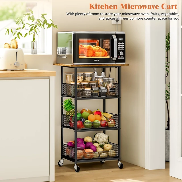 Alt view image 4 of 7 - Rolling Kitchen Microwave Cart with Fruit Baskets, 4 Tier Microwave Table Stand with Storage, Kitchen Storge Shelf on Wheels Small Rolling Cart Organizer Rack for Pantry, Living Room