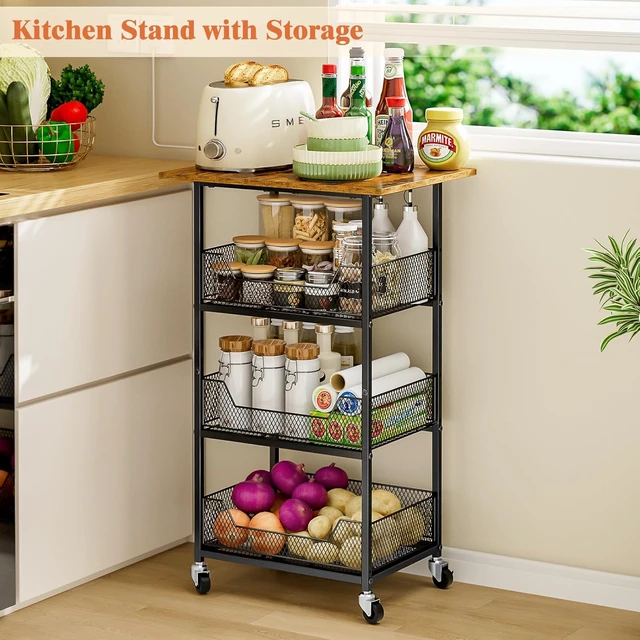 Alt view image 7 of 7 - Rolling Kitchen Microwave Cart with Fruit Baskets, 4 Tier Microwave Table Stand with Storage, Kitchen Storge Shelf on Wheels Small Rolling Cart Organizer Rack for Pantry, Living Room