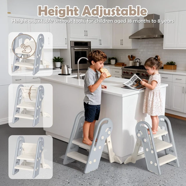 Alt view image 2 of 7 - Adjustable Toddler Step Stool with Handles, Converts from 3-Step to 2-Step as Kids Grow, Non-Slip Safety Stool for Bathroom Sink, Kitchen Counter, Potty Training and Everyday Household Use-Grey