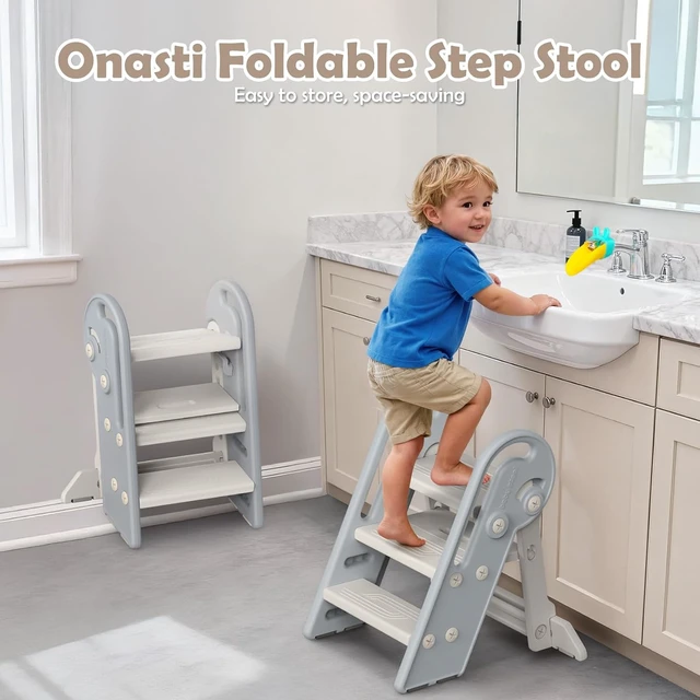 Alt view image 3 of 7 - Adjustable Toddler Step Stool with Handles, Converts from 3-Step to 2-Step as Kids Grow, Non-Slip Safety Stool for Bathroom Sink, Kitchen Counter, Potty Training and Everyday Household Use-Grey