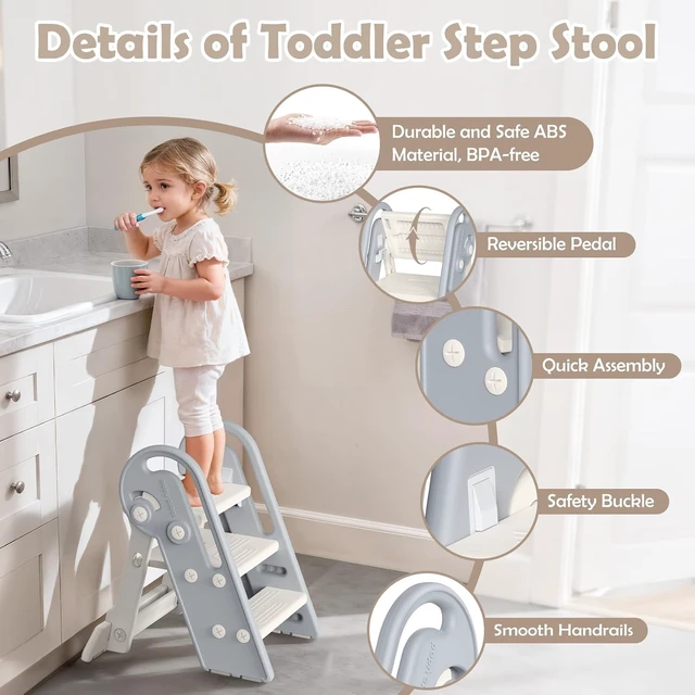 Alt view image 5 of 7 - Adjustable Toddler Step Stool with Handles, Converts from 3-Step to 2-Step as Kids Grow, Non-Slip Safety Stool for Bathroom Sink, Kitchen Counter, Potty Training and Everyday Household Use-Grey