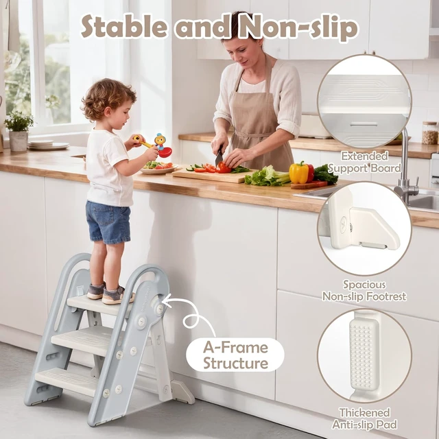 Alt view image 6 of 7 - Adjustable Toddler Step Stool with Handles, Converts from 3-Step to 2-Step as Kids Grow, Non-Slip Safety Stool for Bathroom Sink, Kitchen Counter, Potty Training and Everyday Household Use-Grey