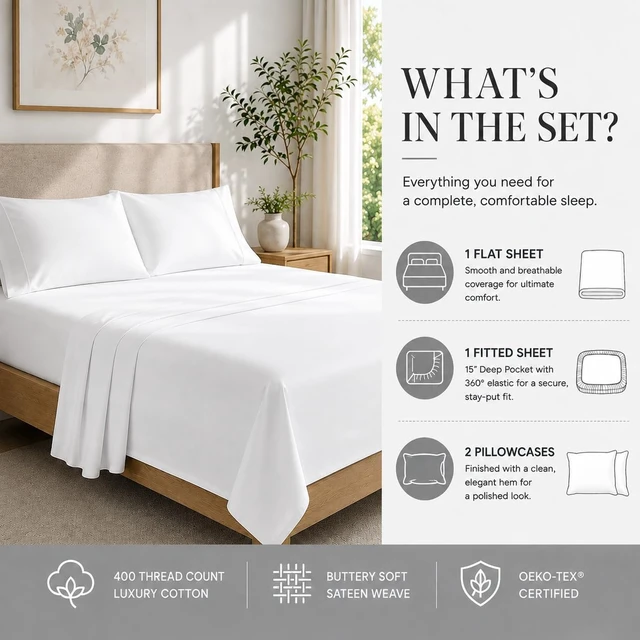 Alt view image 4 of 7 - Egyptian Cotton Sheets Queen Size Bed Set, 400TC Queen Sheet Set - White