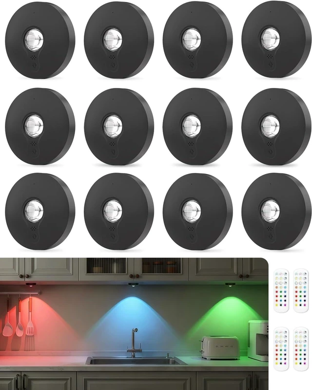 Main image of RGB Rechargeable Puck Lights with Remote Control, 1500mAh Battery Operated Tap Lights, Dimmer & Timer Under Cabinet, Wireless LED Stick-On for Closet, Bedroom, Kitchen - Black 12Pcs