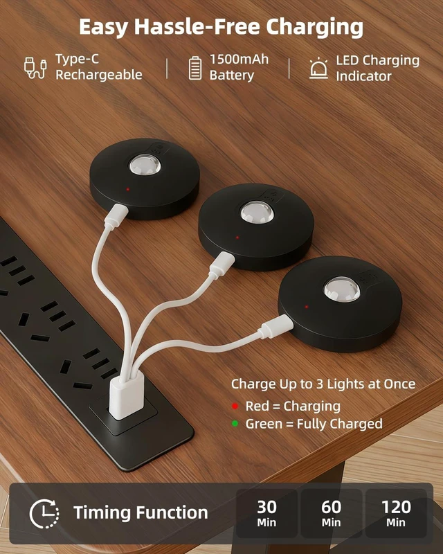 Alt view image 6 of 7 - RGB Rechargeable Puck Lights with Remote Control, 1500mAh Battery Operated Tap Lights, Dimmer & Timer Under Cabinet, Wireless LED Stick-On for Closet, Bedroom, Kitchen - Black 12Pcs