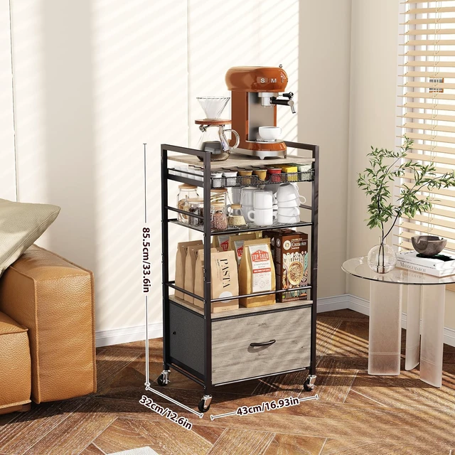 Alt view image 2 of 7 - Coffee Bar Cabinet with Storage5 Tier Coffee Station Table on Wheels, 33.6" H Cart with Drawer for Home Kitchen, Liquor Buffet Sideboard Cabinet (Black)
