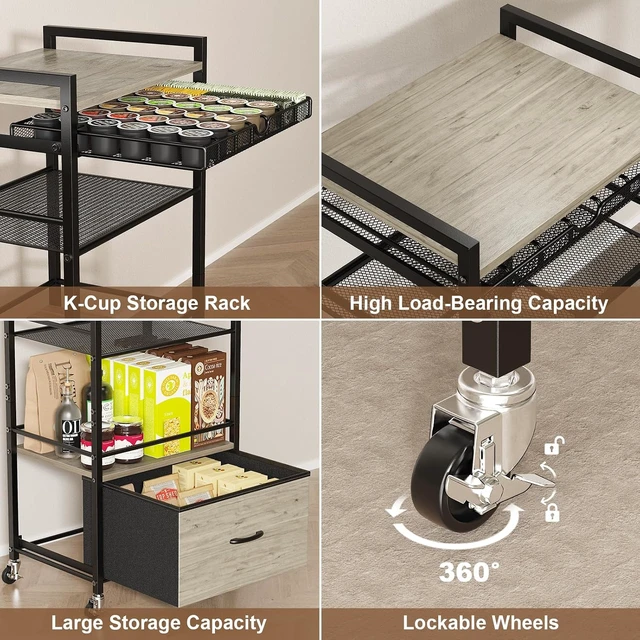 Alt view image 5 of 7 - Coffee Bar Cabinet with Storage5 Tier Coffee Station Table on Wheels, 33.6" H Cart with Drawer for Home Kitchen, Liquor Buffet Sideboard Cabinet (Black)