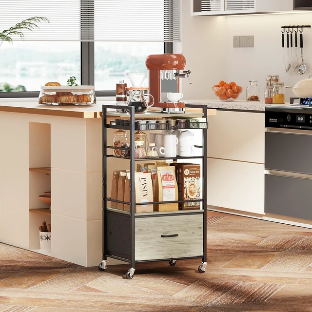 Alt view image 6 of 7 - Coffee Bar Cabinet with Storage5 Tier Coffee Station Table on Wheels, 33.6" H Cart with Drawer for Home Kitchen, Liquor Buffet Sideboard Cabinet (Black)