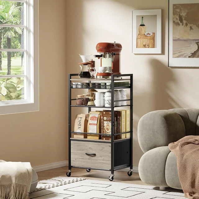 Alt view image 7 of 7 - Coffee Bar Cabinet with Storage5 Tier Coffee Station Table on Wheels, 33.6" H Cart with Drawer for Home Kitchen, Liquor Buffet Sideboard Cabinet (Black)