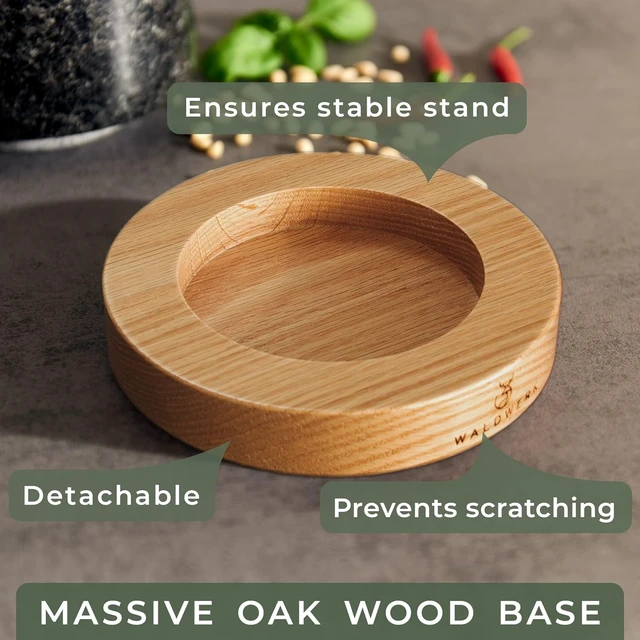 Alt view image 3 of 6 - Mortar and Pestle - Mortar and Pestle Set with Anti-Scratch Oak Wood Base - Mortar with Extra Large Pestle Out of Natural Granite - Large Mortar and Pestle - Perfect for Guacamole