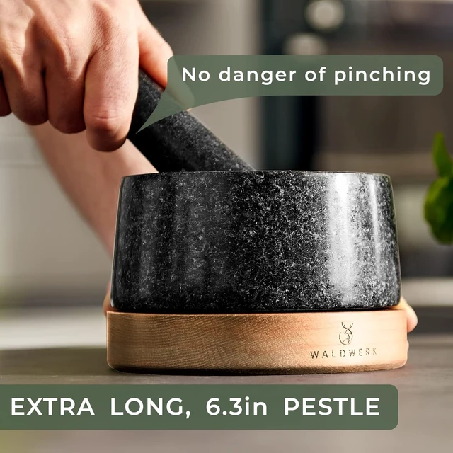Alt view image 4 of 6 - Mortar and Pestle - Mortar and Pestle Set with Anti-Scratch Oak Wood Base - Mortar with Extra Large Pestle Out of Natural Granite - Large Mortar and Pestle - Perfect for Guacamole